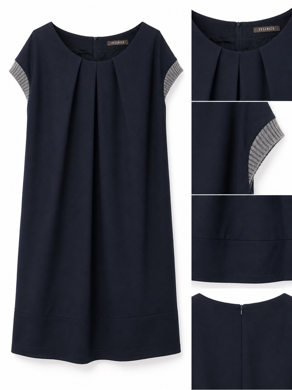 Peserico Navy Dress with Gray Sleeve Trim